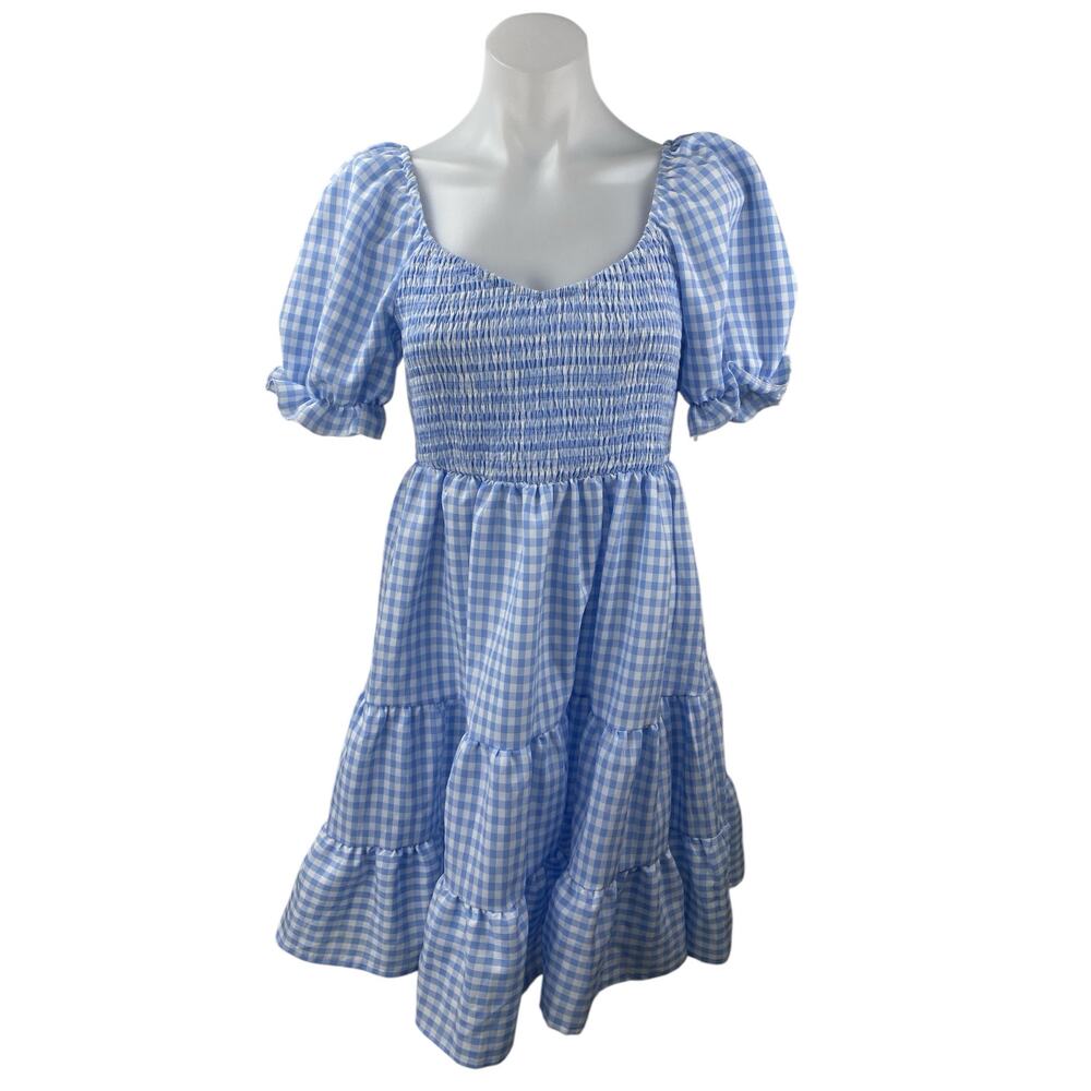 Dokuritu Blue Checkered Short Puff Sleeve Tiered Smocked Mini A-Line Dress Sz M